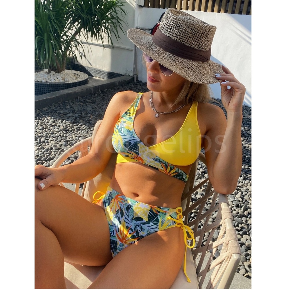 Multicolor 2 Piece Swimsuit Yellow Tropical Leaf Print Bikini Criss Cross - Picture 4 of 7